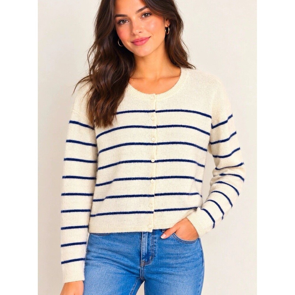 LC Lauren Conrad Striped Knit Cardigan Sweater Ivory Navy Crewneck Long Sleeve M